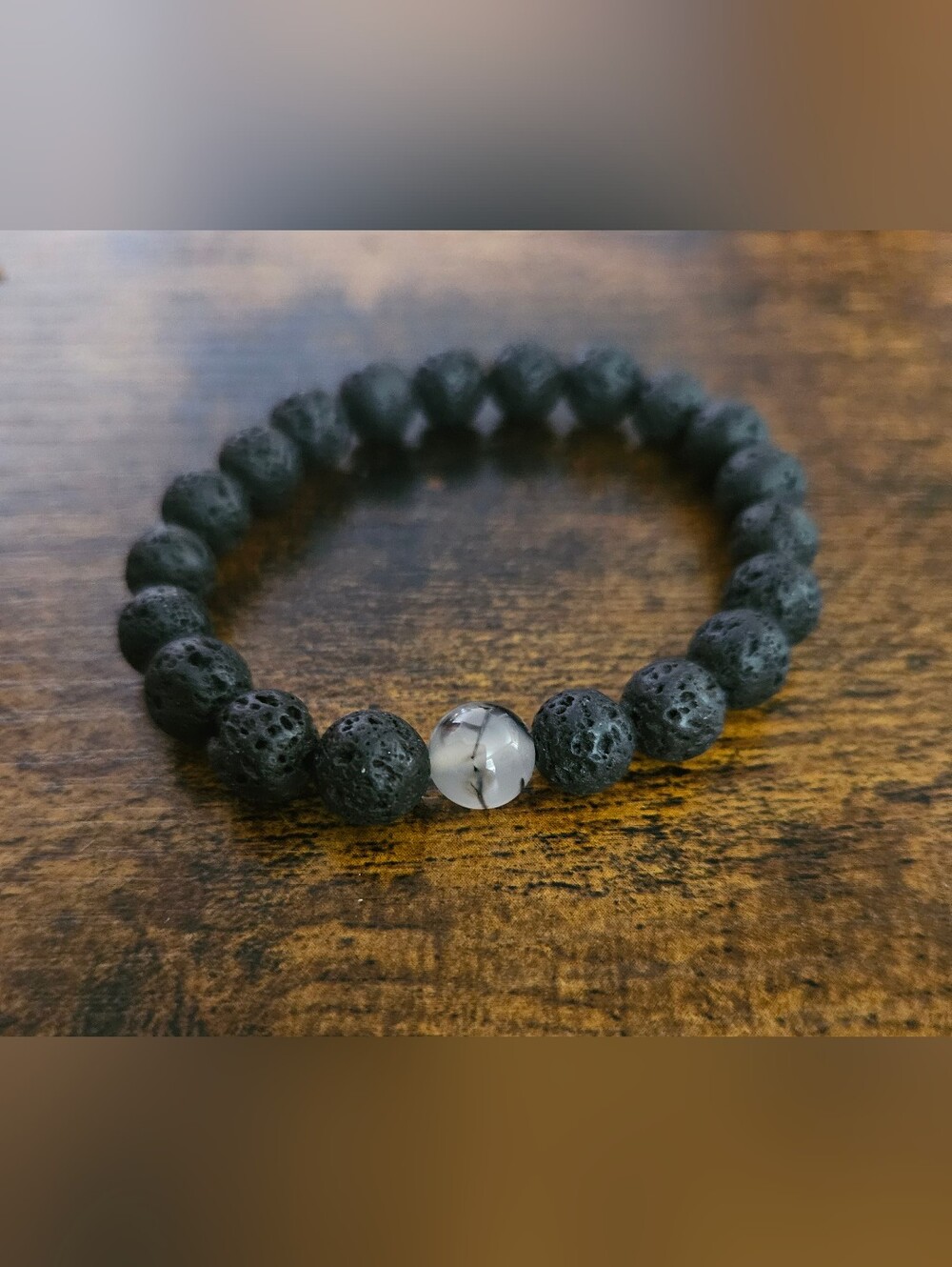 Black Lava Stone Stretch Bracelet with Rock Quartz Bead